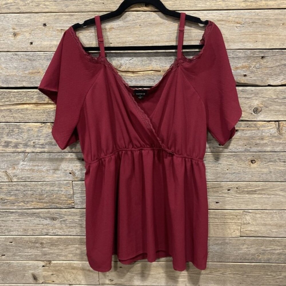 Torrid Women's Red Cold Shoulder V Neck Wrap Blouse Top Size 1X Short Sleeve